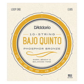 Packaging for D'Addario EJ85 bajo quinto strings with a beige backgorund and light orange circular design with product details.