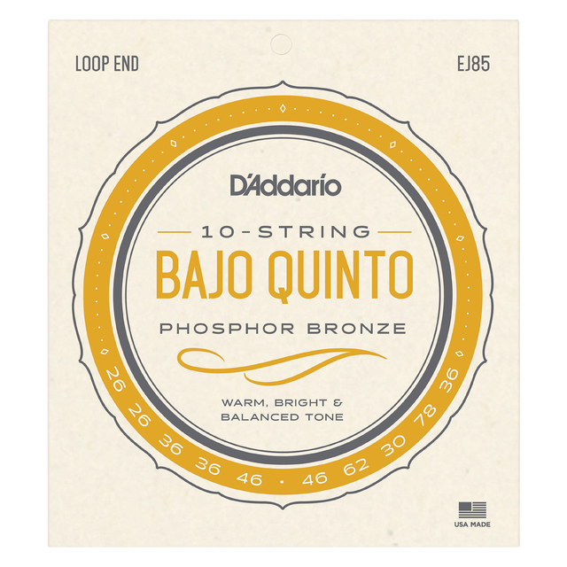 Packaging for D'Addario EJ85 bajo quinto strings with a beige backgorund and light orange circular design with product details.