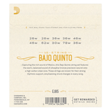 Back of packaging for D'Addario EJ85 bajo quinto strings with product detaisl and barcode.