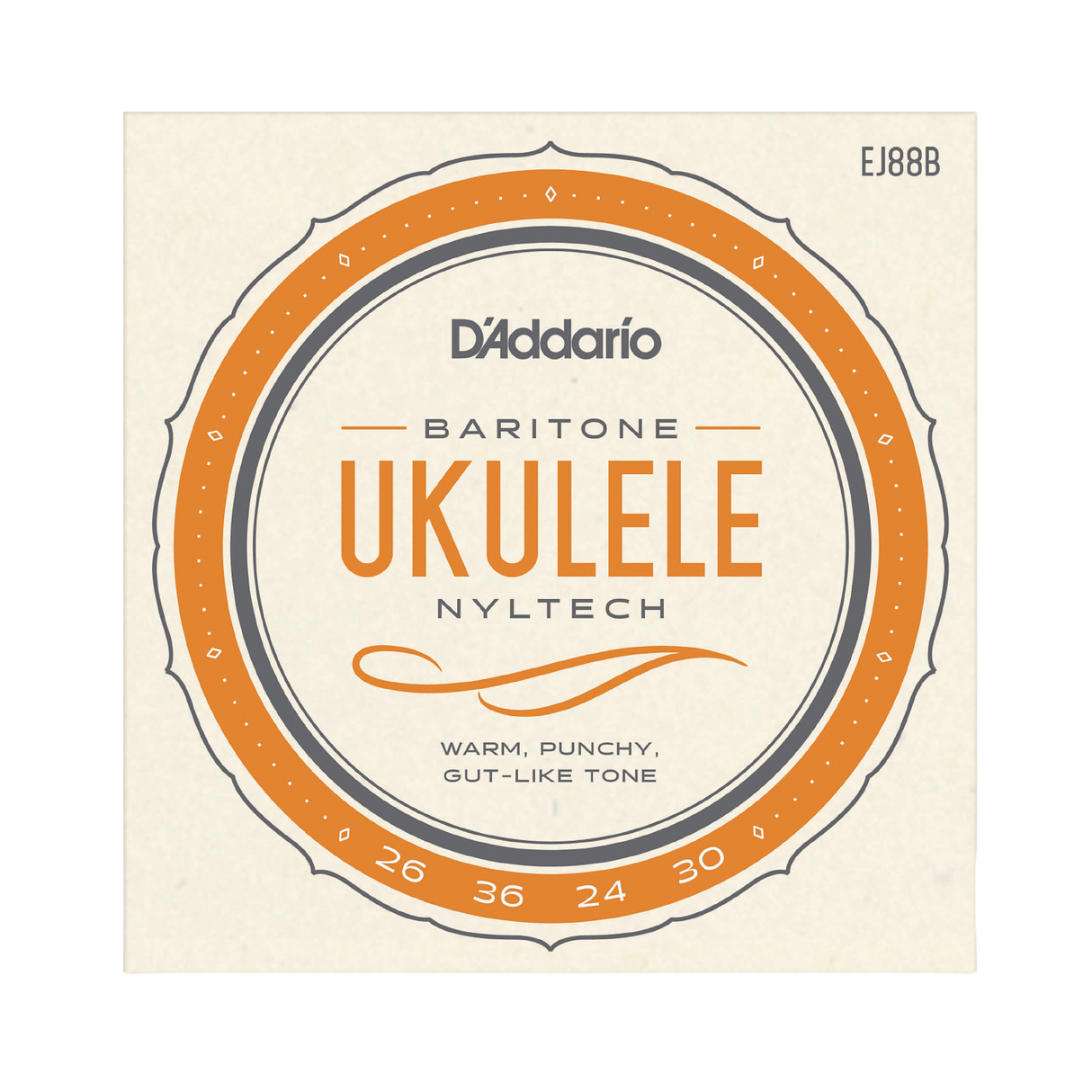 Packaging  for D'Addario EJ88B baritone ukulele strings with a beige background and light orange circular design with product details.
