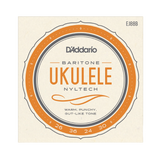 Packaging  for D'Addario EJ88B baritone ukulele strings with a beige background and light orange circular design with product details.