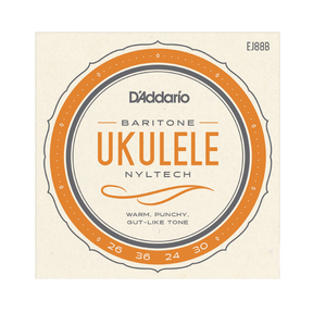 Packaging  for D'Addario EJ88B baritone ukulele strings with a beige background and light orange circular design with product details.