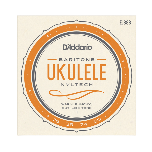 Packaging  for D'Addario EJ88B baritone ukulele strings with a beige background and light orange circular design with product details.