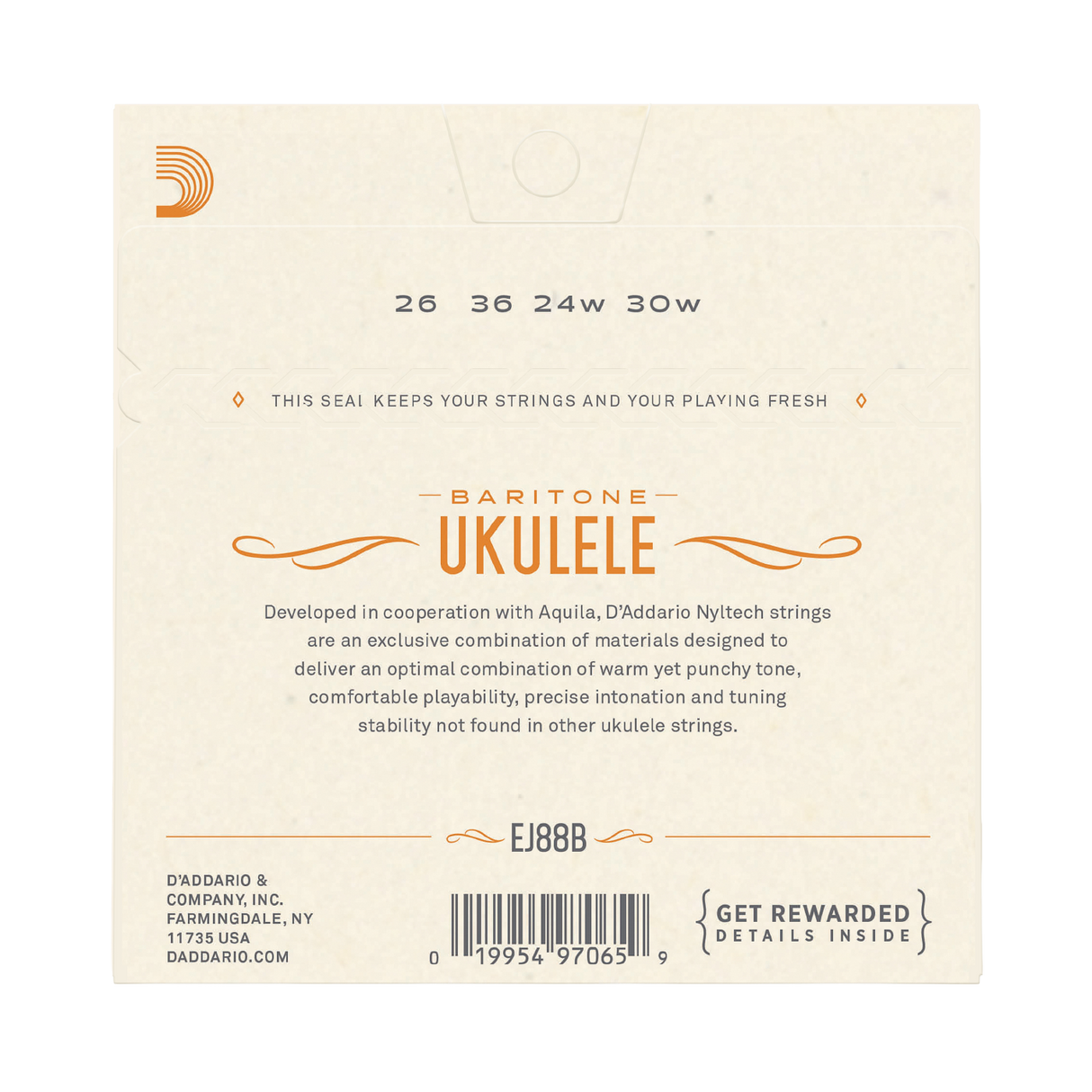 Back packaging of D'Addario EJ88B Baritone Ukulele strings, featuring a cream-colored background with orange and black text and graphics.
