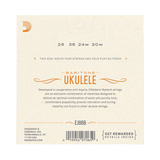 Back packaging of D'Addario EJ88B Baritone Ukulele strings, featuring a cream-colored background with orange and black text and graphics.