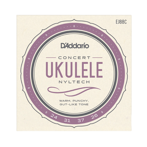 D'Addario Concert Ukulele Clear Nylon guitar strings package, model EJ88C, featuring a cream-colored square card with a purple and gray circular label design.