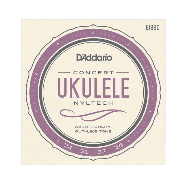 D'Addario Concert Ukulele Clear Nylon guitar strings package, model EJ88C, featuring a cream-colored square card with a purple and gray circular label design.
