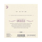 The back of a D'Addario Concert Ukulele string package, showing string gauges 24, 31, 37, and 26, product details, a barcode, and a seal on a light cream background.