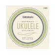 Packaging for D'Addario EJ88S soprano ukulele strings with a cream colored background and green circle design with product details.