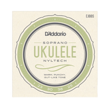 Packaging for D'Addario EJ88S soprano ukulele strings with a cream colored background and green circle design with product details.