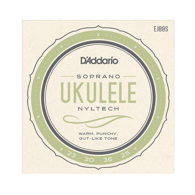 Packaging for D'Addario EJ88S soprano ukulele strings with a cream colored background and green circle design with product details.