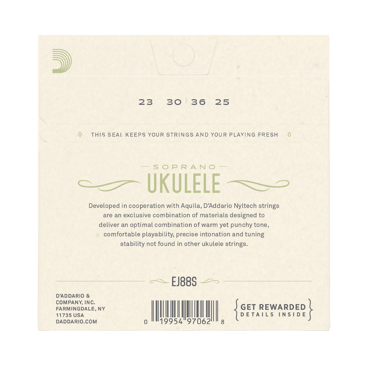 Back of packaging for D'Addario EJ88S soprano ukulele strings with a cream colored background and product details.