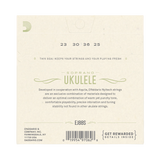 Back of packaging for D'Addario EJ88S soprano ukulele strings with a cream colored background and product details.