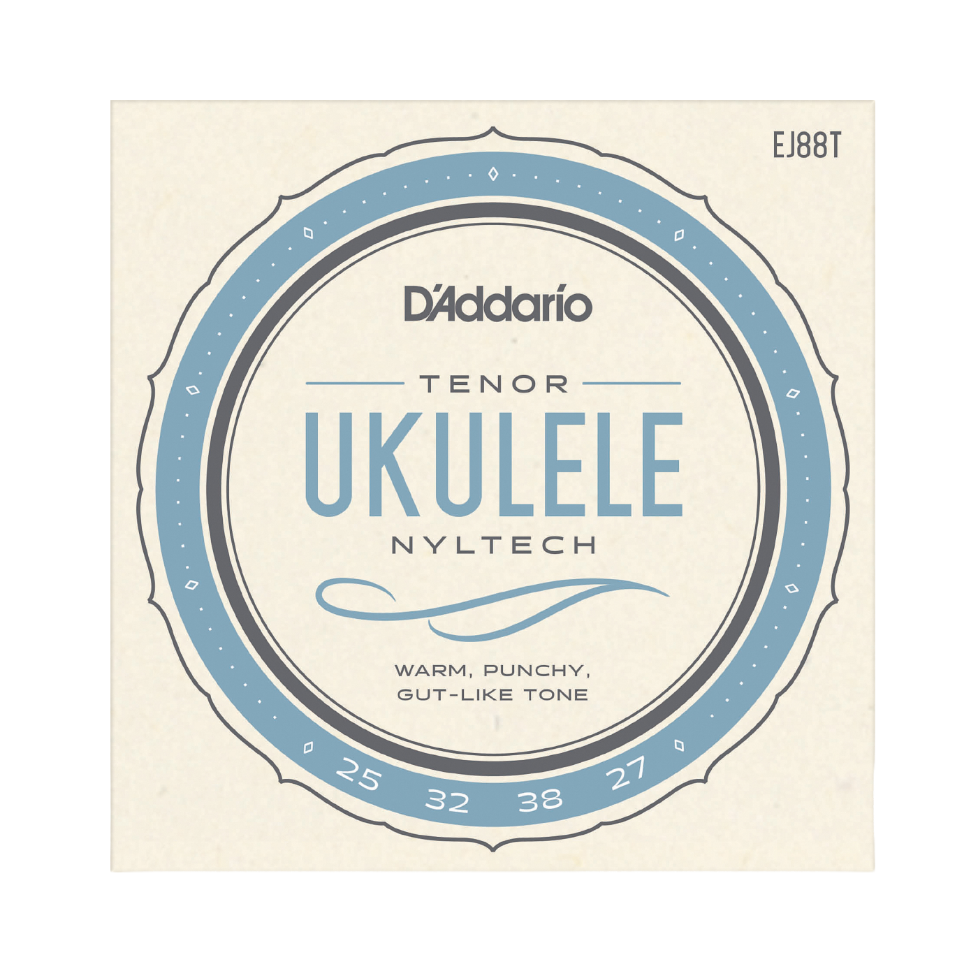 Package for D'Addario EJ88T tenor ukulele strings with a cream colored background and light blue circle design with product details.