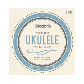Package for D'Addario EJ88T tenor ukulele strings with a cream colored background and light blue circle design with product details.