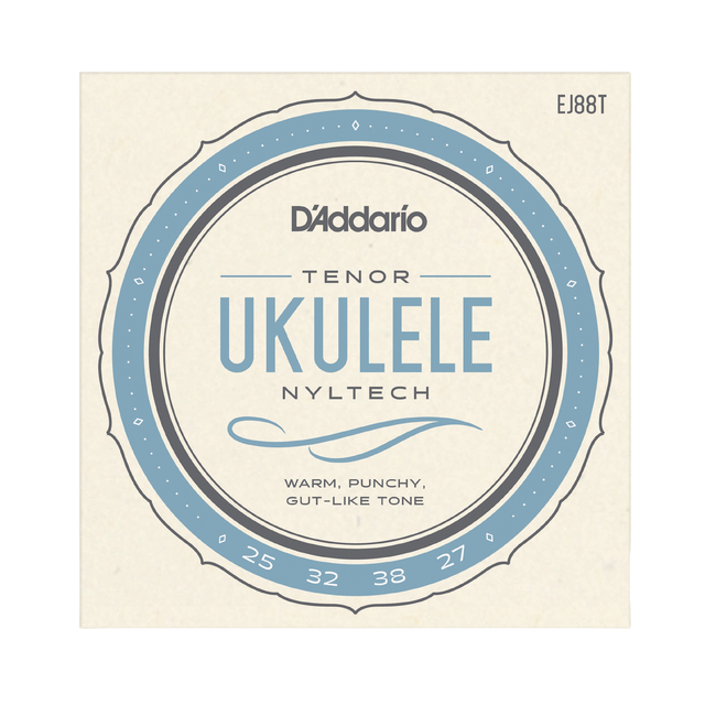 Package for D'Addario EJ88T tenor ukulele strings with a cream colored background and light blue circle design with product details.