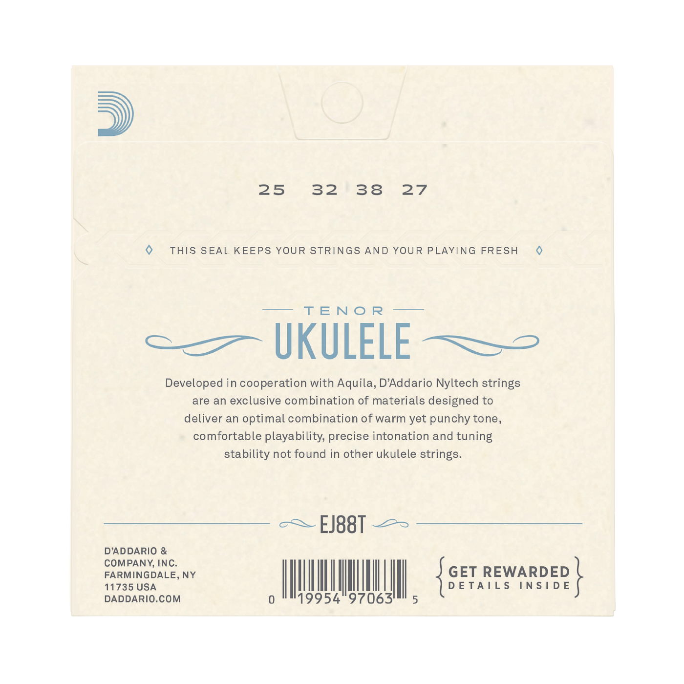 Back of a D'Addario Tenor Ukulele string package, showing string gauges 25, 32, 38, and 27, product text, a barcode, and branding in blue on an off-white background.