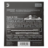 The back of a Daddio ETB92 tapewound bass string package, showing product information, specifications, and a barcode on a dark gray background.