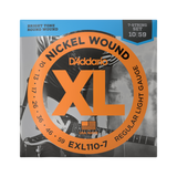 Packaging for D'Addario EXL110-7 guitar strings with brand and product details visible.