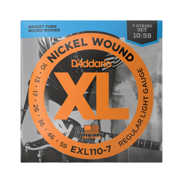 Packaging for D'Addario EXL110-7 guitar strings with brand and product details visible.