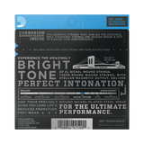 Back of packaging for D'Addario EXL110-7 guitar strings with product details.