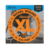 Packaging for D'Addario EXL110BT Balanced Tension electric guitar strings with brand and product details.