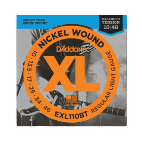 Packaging for D'Addario EXL110BT Balanced Tension electric guitar strings with brand and product details.