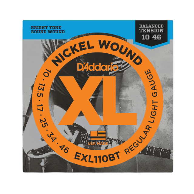 Packaging for D'Addario EXL110BT Balanced Tension electric guitar strings with brand and product details.