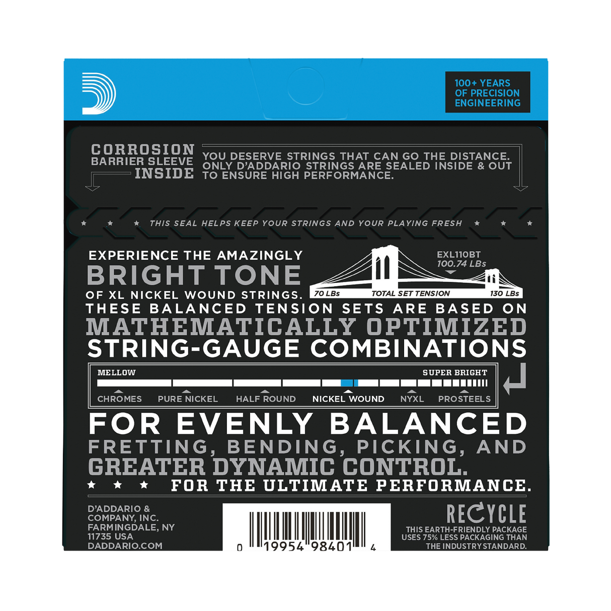 The back of packaging for D'Addario EXL110BT guitar string with braand and product details.