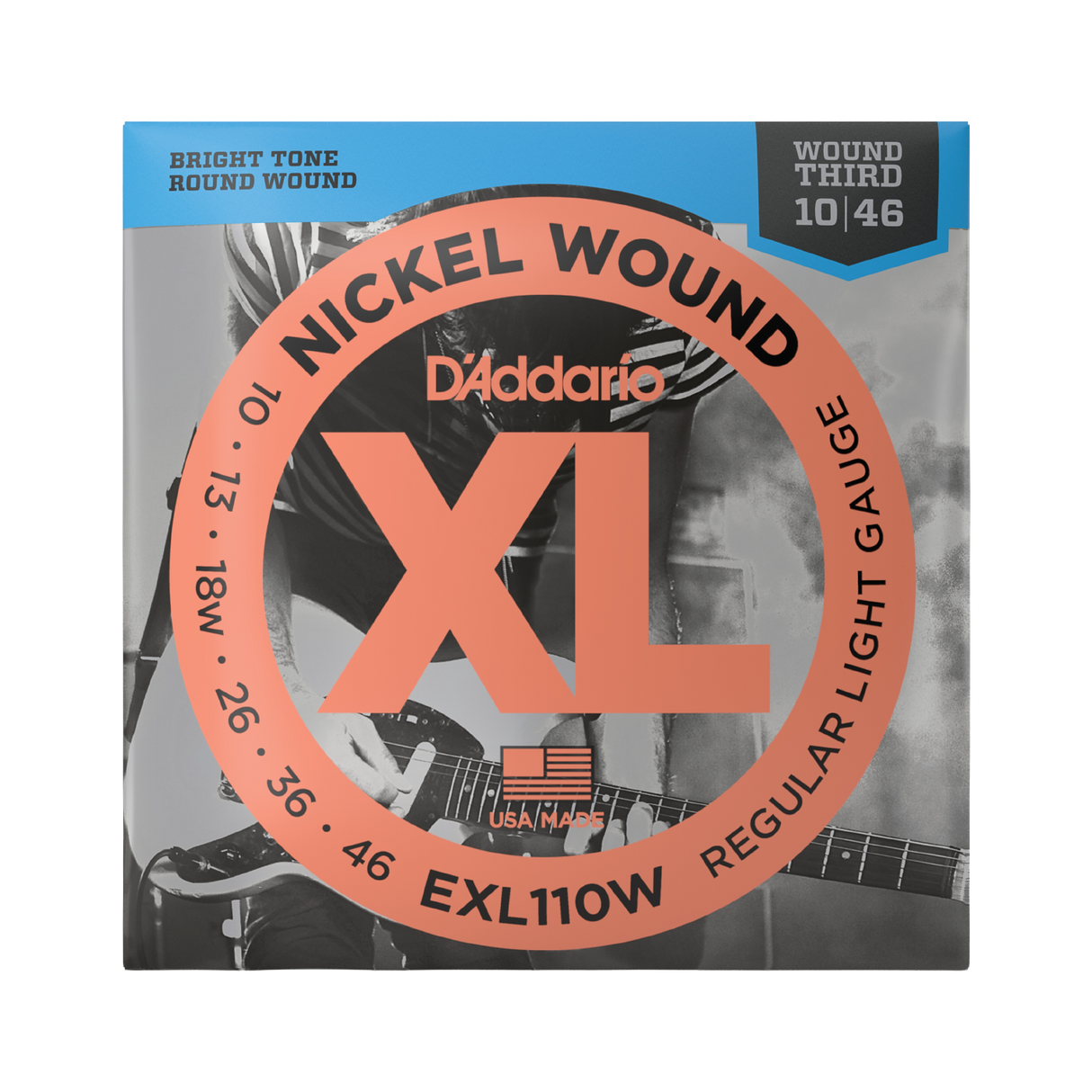Packaging for D'Addario EXL110W electric guitar strings with brand and product details