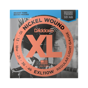 Packaging for D'Addario EXL110W electric guitar strings with brand and product details