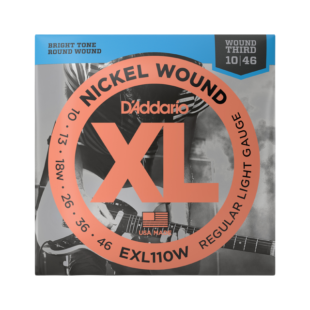 Packaging for D'Addario EXL110W electric guitar strings with brand and product details