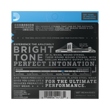 The back of packaging for D'Addario EXL110W electric guitar strings including brand and product details.