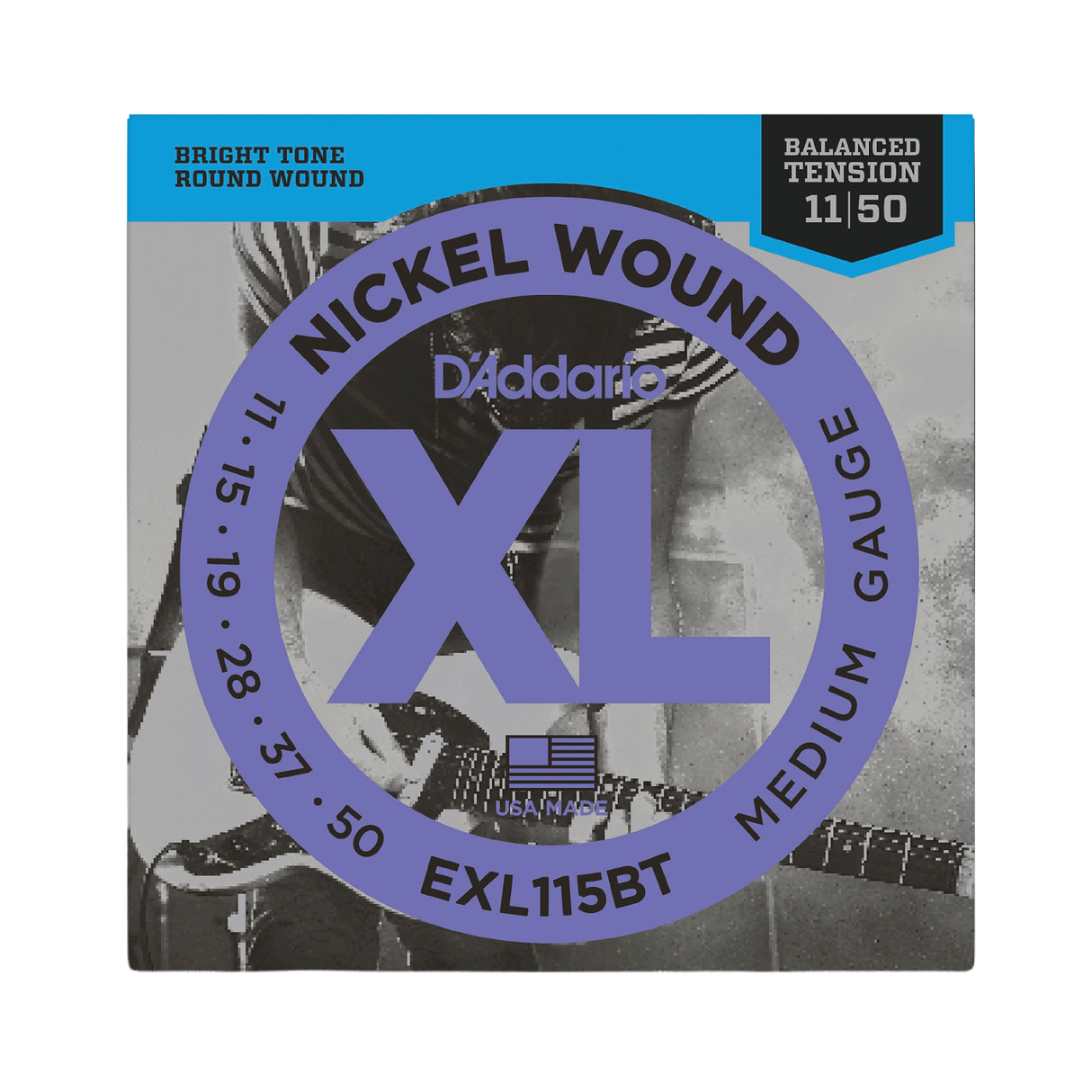 Packaging for D'Addario EXL115BT electric guitar strings with brand a product details.