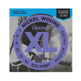Packaging for D'Addario EXL115BT electric guitar strings with brand a product details.