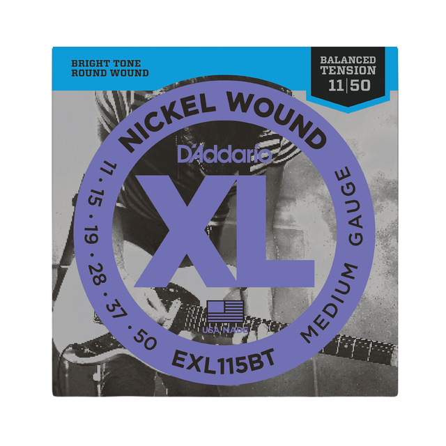 Packaging for D'Addario EXL115BT electric guitar strings with brand a product details.