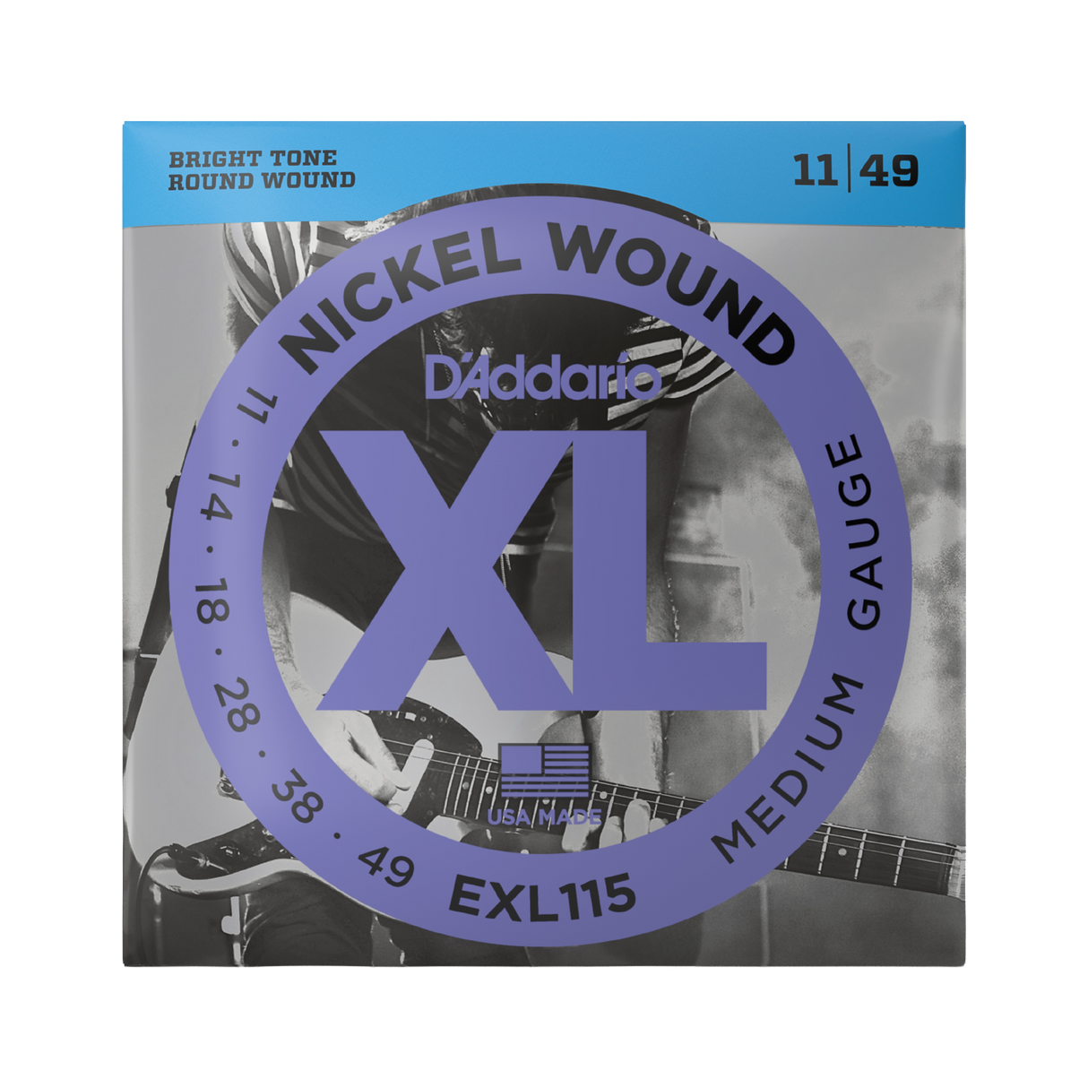 Packaging for D'Addario EXL115 electric guitar strings with brand and product details.