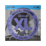 Packaging for D'Addario EXL115 electric guitar strings with brand and product details.