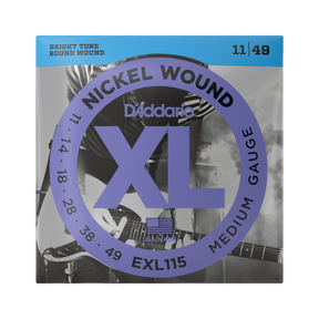 Packaging for D'Addario EXL115 electric guitar strings with brand and product details.