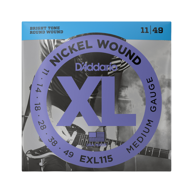 Packaging for D'Addario EXL115 electric guitar strings with brand and product details.
