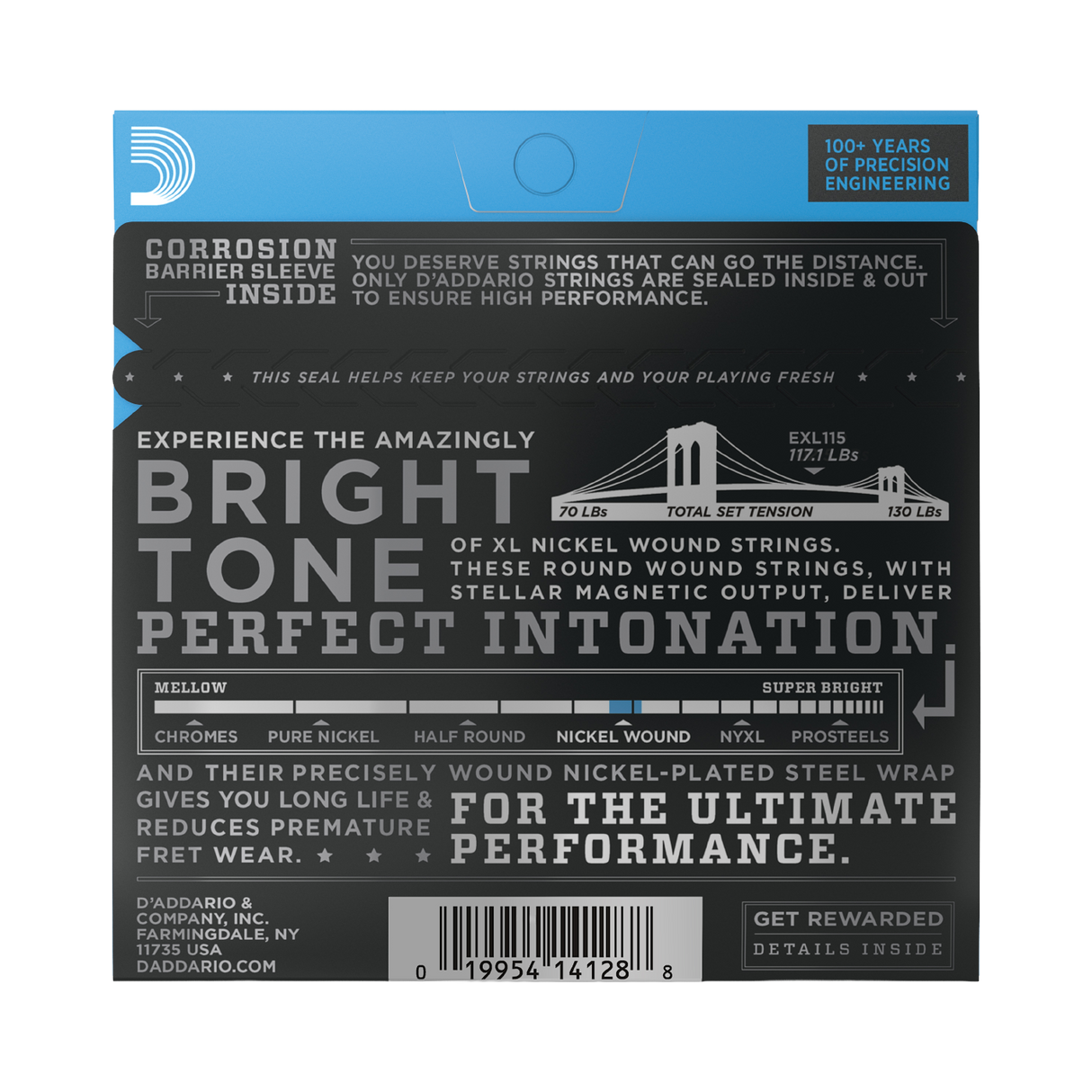 The back of D'Addario EXL115 electric guitar strings with brand and product details.