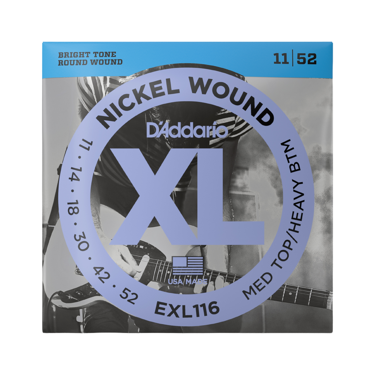 Packaging for D'Addario EXL116 electric guitar strings with brand and product details.