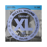 Packaging for D'Addario EXL116 electric guitar strings with brand and product details.