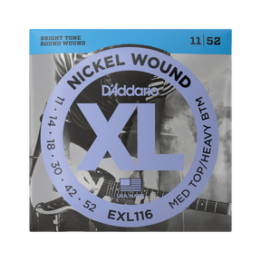 Packaging for D'Addario EXL116 electric guitar strings with brand and product details.