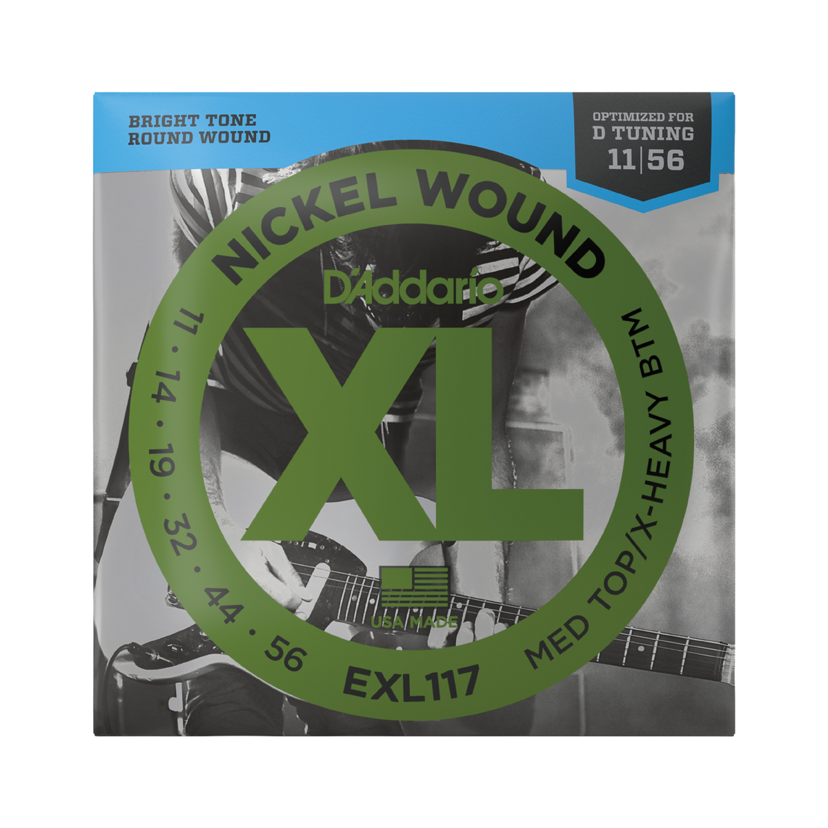 Packaging for D'Addario EXL117 electric guitar strings with brand and product details.