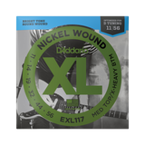Packaging for D'Addario EXL117 electric guitar strings with brand and product details.