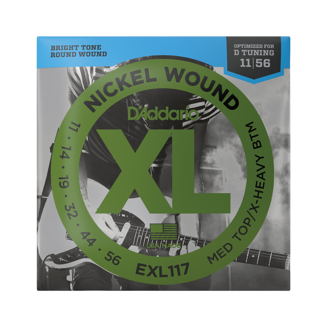 Packaging for D'Addario EXL117 electric guitar strings with brand and product details.