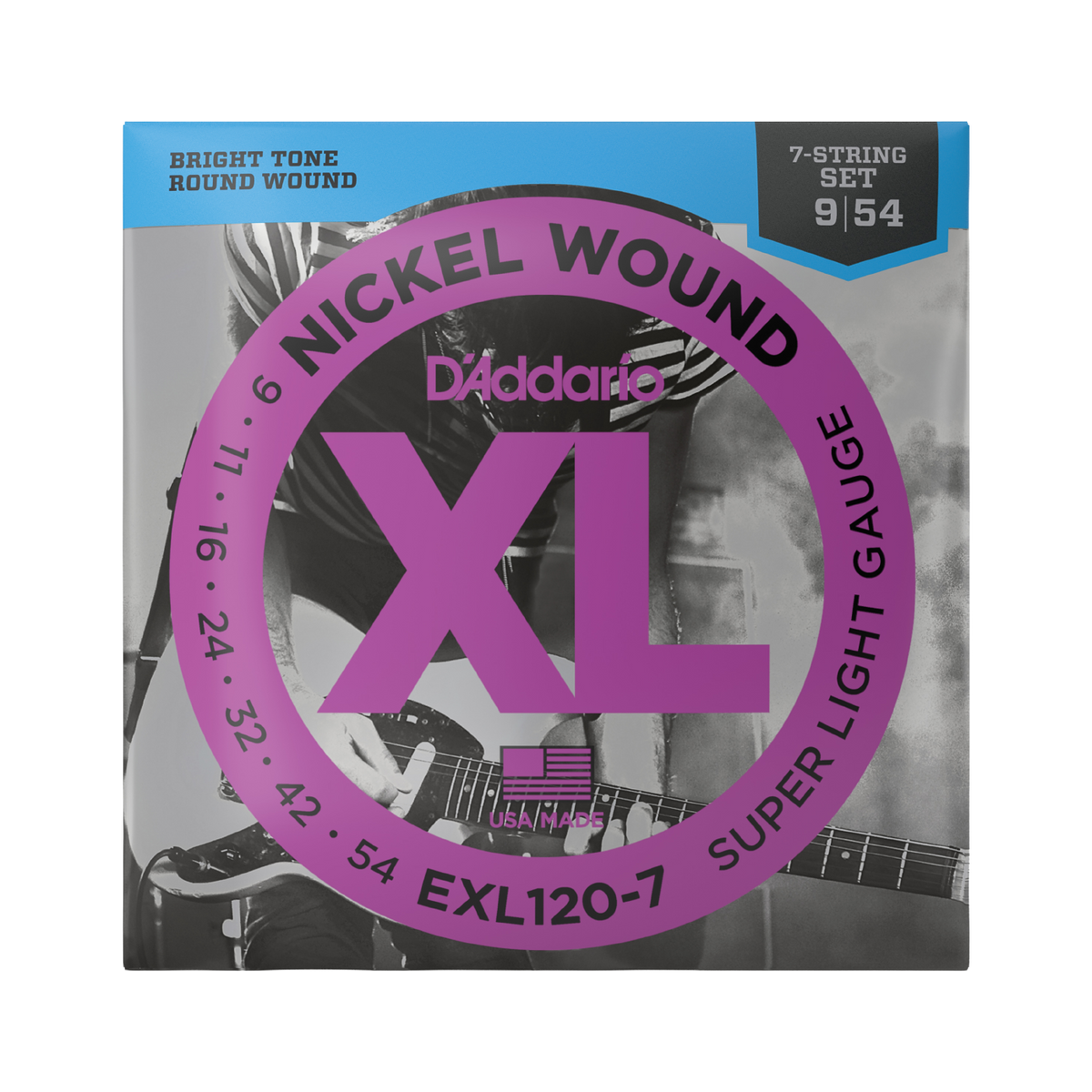 Packaging for D'Addario EXL120-7 electric guitar strings with brand and product details.