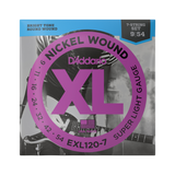 Packaging for D'Addario EXL120-7 electric guitar strings with brand and product details.