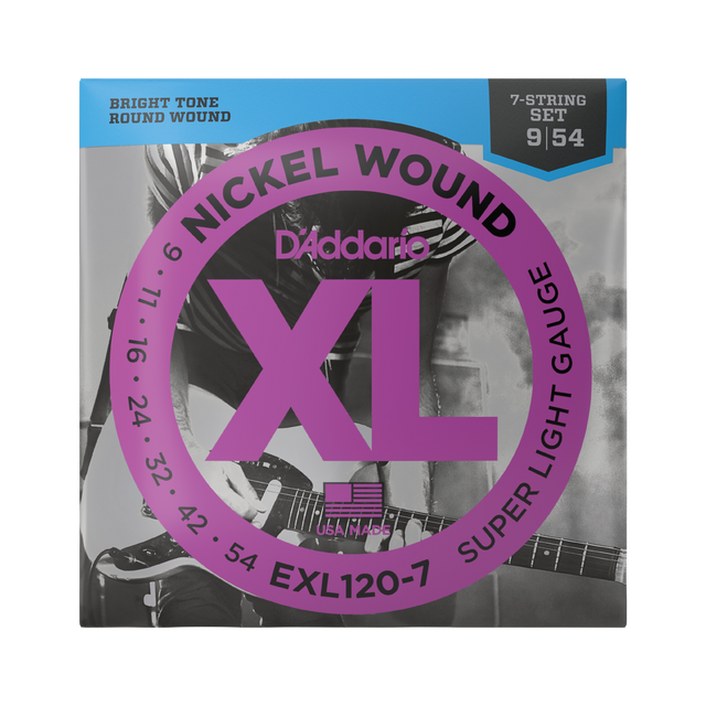 Packaging for D'Addario EXL120-7 electric guitar strings with brand and product details.